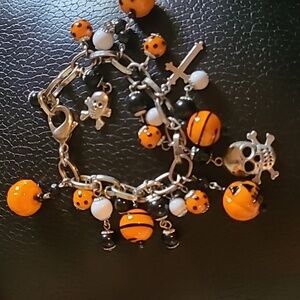 Halloween Glass Bead and silver tone Charm Bracelet